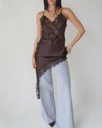 Sexy V-neck Ice Silk Lace Patchwork Asymmetrical Casual Suspender Mini Dress