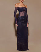 Christmas Sexy Sparkly Off-shoulder Fitted Sheer Mesh Long Dress