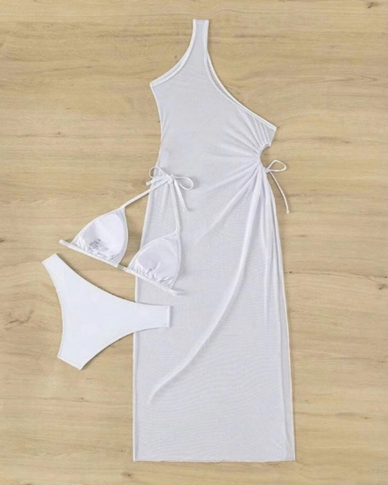 Sexy Solid Color Halter Bikini and One-shoulder Long Cover-up Set