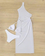 Sexy Solid Color Halter Bikini and One-shoulder Long Cover-up Set