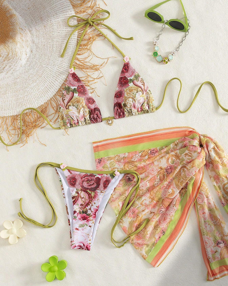 Retro Floral Print Halter Bikini and Cover-up Three-piece Set
