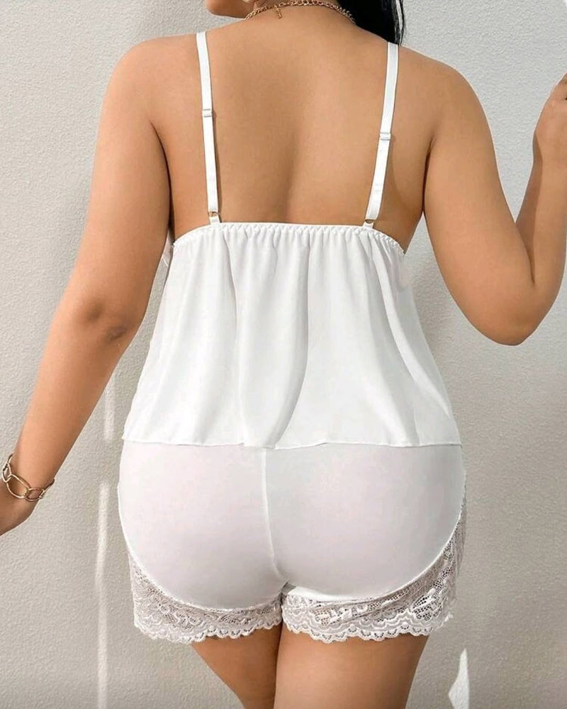 Plus Size Lace Satin V-Neck Camisole and Shorts Pajama Set