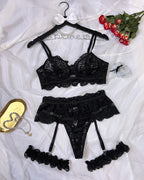 Sexy Floral Lace Mesh Underwire Bra Lingerie and Detachable Lace Thigh Garter Belt Set