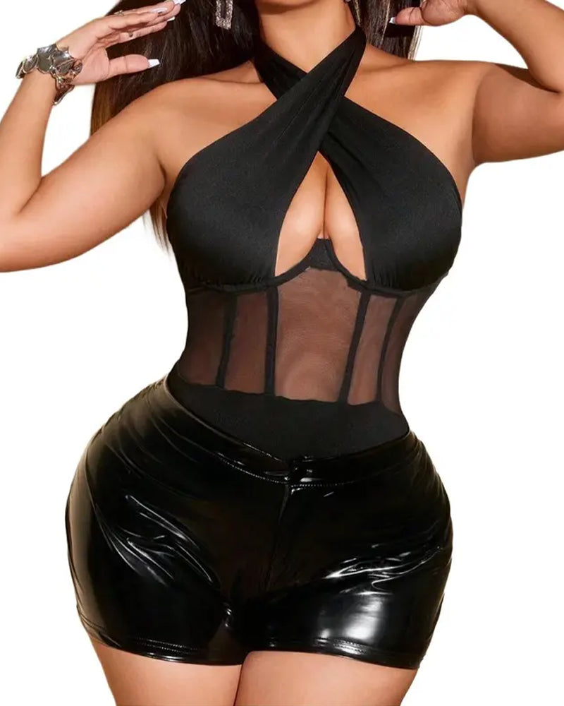Sexy Cross-strap Mesh Bodysuit
