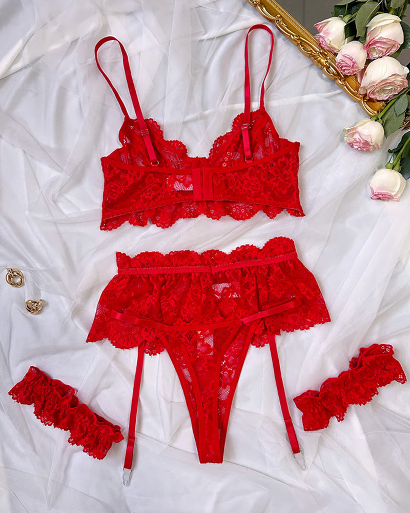 Sexy Floral Lace Mesh Underwire Bra Lingerie and Detachable Lace Thigh Garter Belt Set