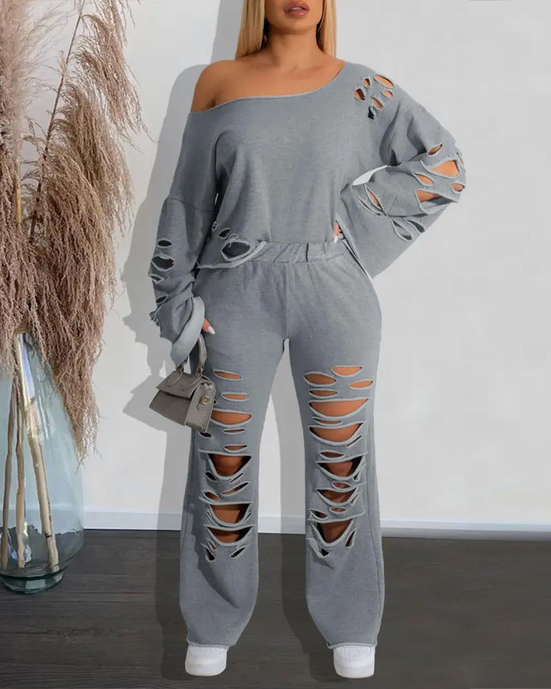 Women's Ripped Asymmetrical Neckline Pullover and Wide-leg Pants Casual Sportswear Set