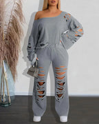 Women's Ripped Asymmetrical Neckline Pullover and Wide-leg Pants Casual Sportswear Set