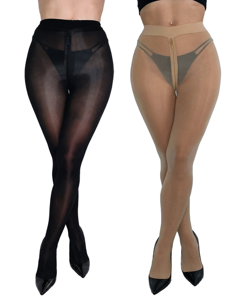 Two Pairs High Waisted Silky Shiny Transparent with Zipper Crotch Pantyhose