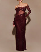 Christmas Sexy Sparkly Off-shoulder Fitted Sheer Mesh Long Dress