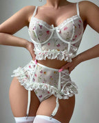 Sexy Floral Print Lace See-through Mesh Lingerie Set with Stockings