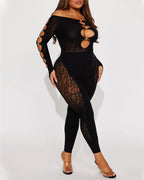 Sexy Leopard Print Jacquard Pearl-embellished Cutout Long-sleeved Jumpsuit