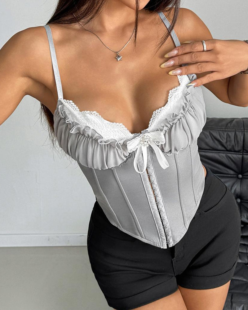 Sexy Sheer Mesh Lace Patchwork Boning Spaghetti Straps Corset Top