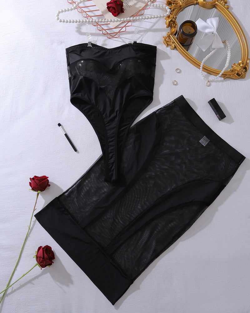 See-through Mesh Strapless Bodysuit with Fitted Skirt Sexy Lingerie Set