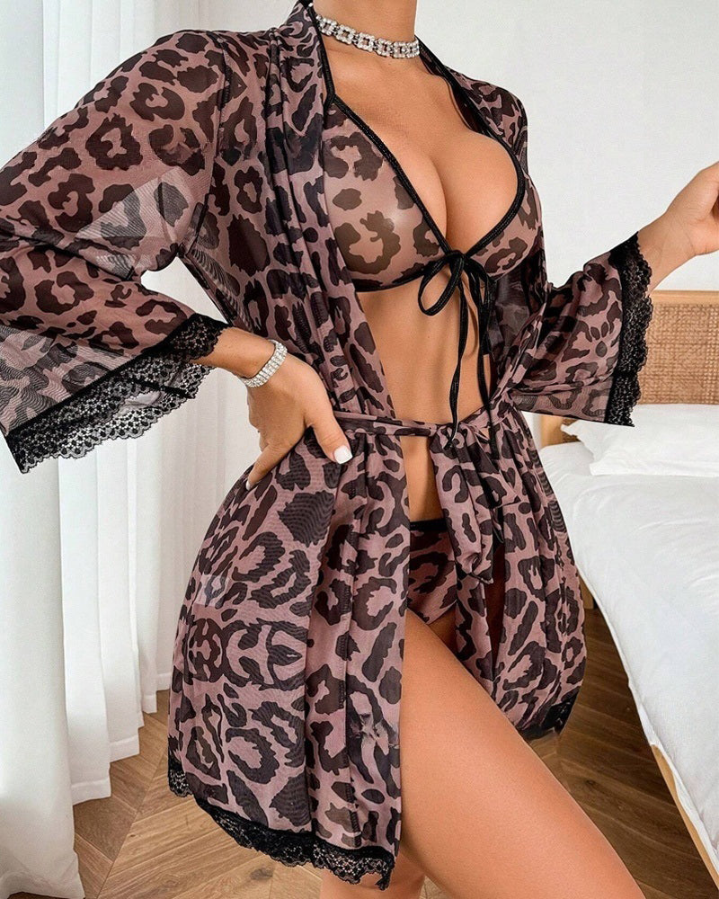 Sexy Leopard Print Mesh Halter Bikini and Robe Set