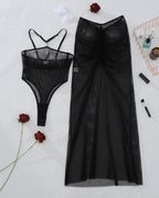 Black Sexy Halter-neck Sheer Mesh Bodysuit and Long Skirt Set