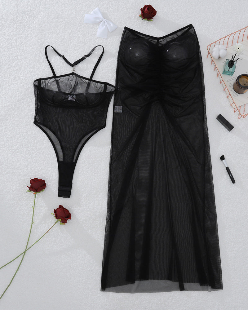 Black Sexy Halter-neck Sheer Mesh Bodysuit and Long Skirt Set