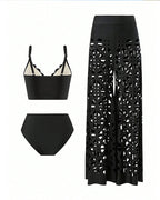 Deep V Neck Cutout Bikini Swimsuit and Wide-leg Pants