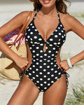 Women's Deep V Halter Neck Polka Dot Print Drawstring One-Piece Swimsuit