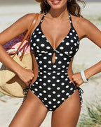 Women's Deep V Halter Neck Polka Dot Print Drawstring One-Piece Swimsuit