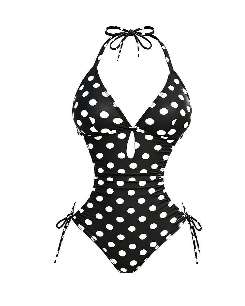 Women's Deep V Halter Neck Polka Dot Print Drawstring One-Piece Swimsuit
