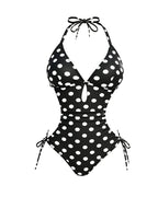 Women's Deep V Halter Neck Polka Dot Print Drawstring One-Piece Swimsuit