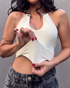 Sexy Metallic Choker Halter Waist Tie Detail Top
