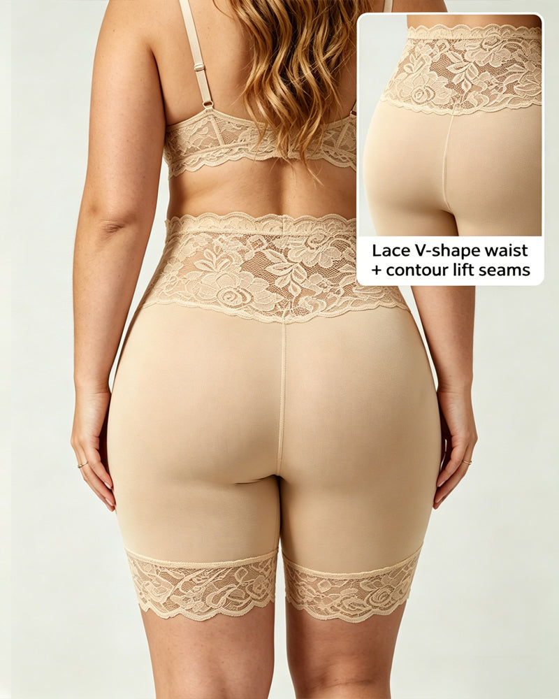 Women's High-Waisted Seamless Tummy Control Lace-Trimmed Elastic Shaping Shorts