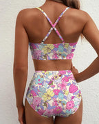 Women's V-neck Floral High-waisted Tummy-control Bikini Swimsuit