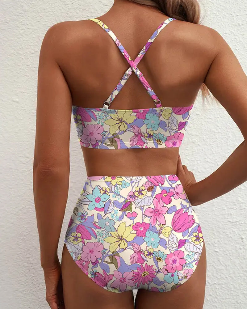 Women's V-neck Floral High-waisted Tummy-control Bikini Swimsuit