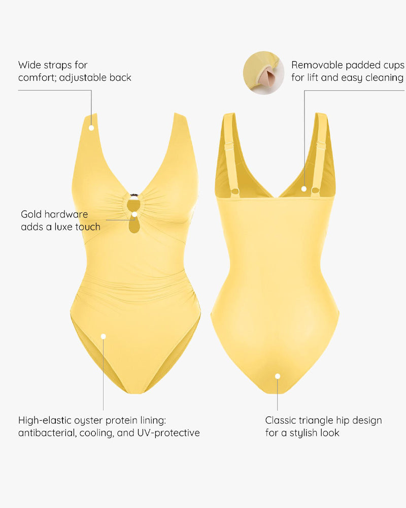 Deep V Solid Color Tummy Control Shaping One-piece Swimsuit