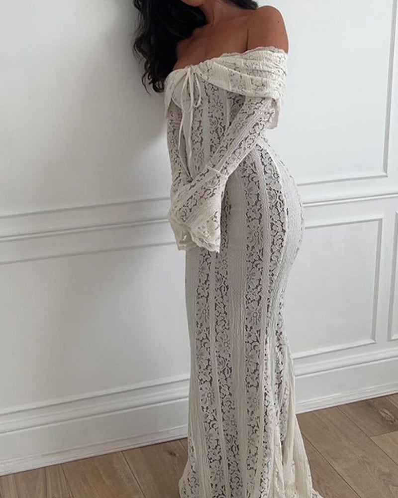 Women's Solid Color Lace Off-Shoulder Long Sleeve Slim Fit Dress