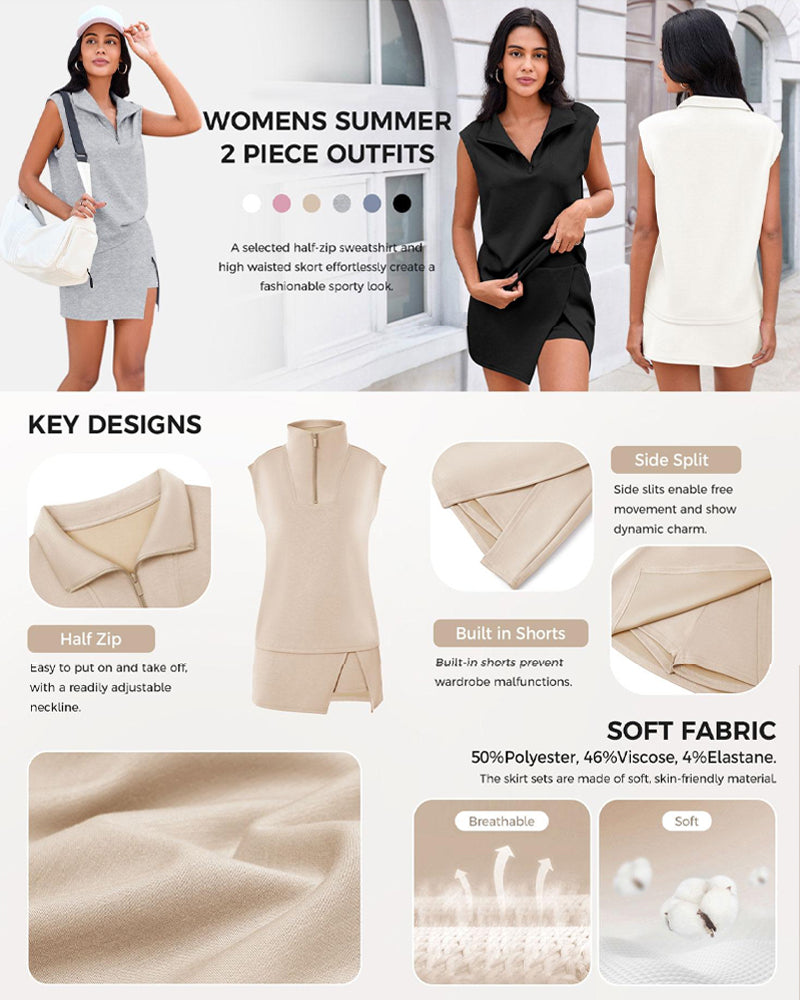 Casual Sports Sleeveless Half-zip Sweatshirt and Skirt Set