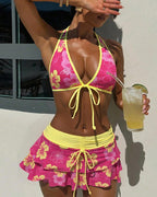 Women's Floral Print Deep V Halter Neck Color Block Bikini and Skirt Set