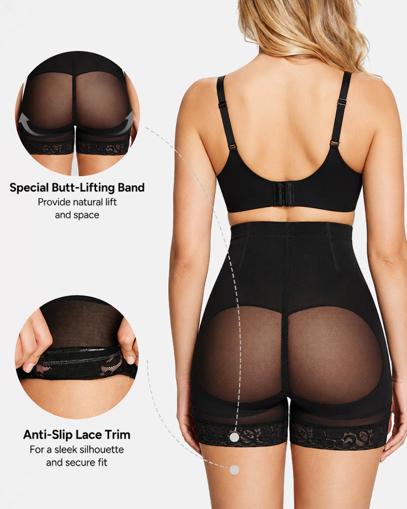 High Waist Tummy Control Sheer Mesh LaceTrim Shaping Shorts