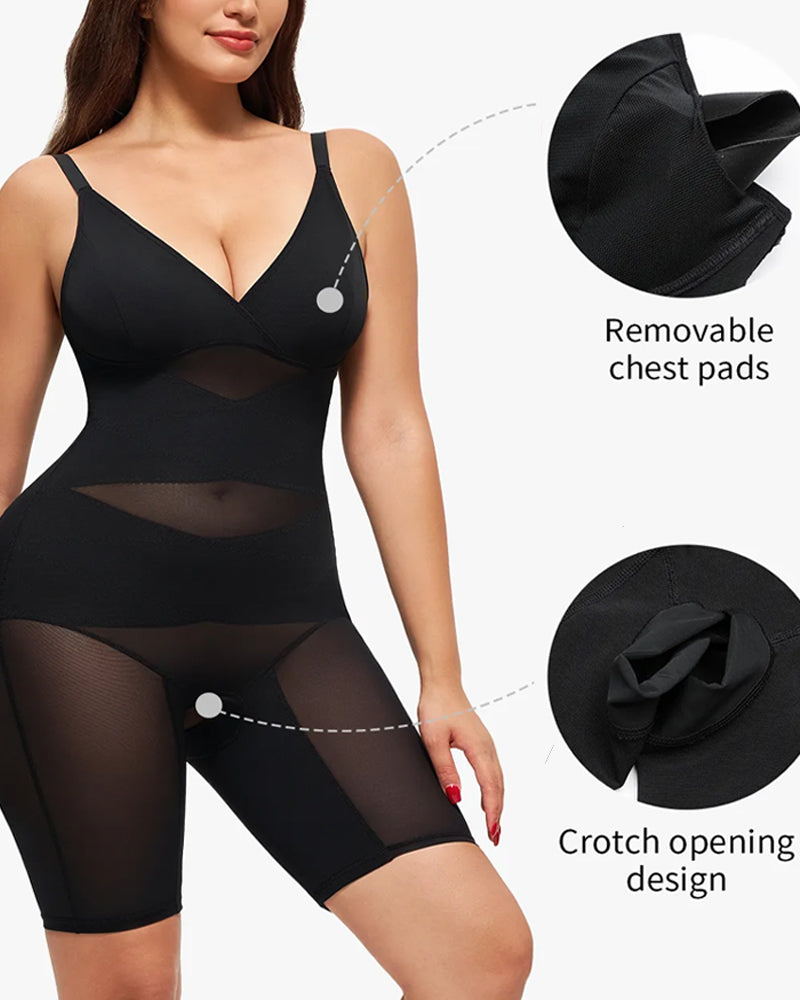 V-neck Mesh-paneled Seamless Tummy Control Hip Lift Bodysuit