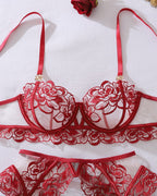 Floral Embroidery See-through Push-up Shaping Thin Sexy Lingerie Set with Stockings