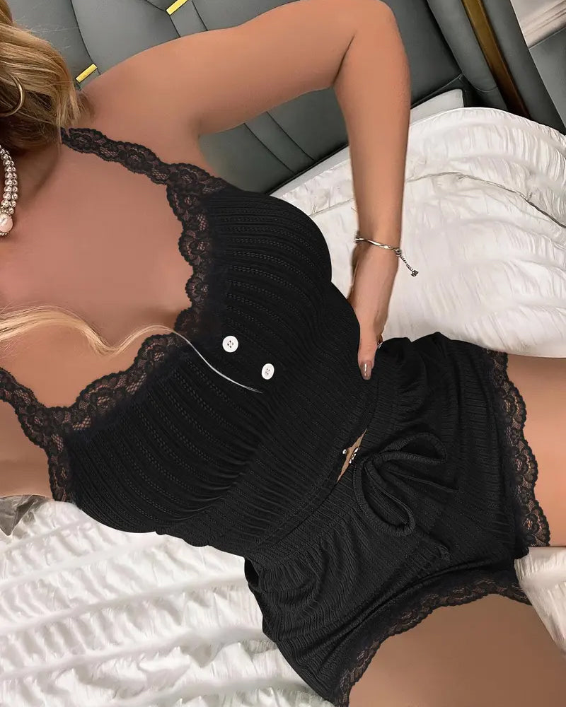 Women's Lace-Trimmed Breathable Ribbed Camisole and Elastic Waist Shorts Two-Piece Pajama Set