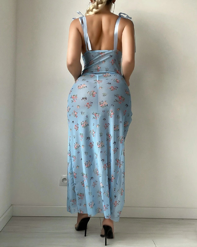 Sexy Deep V Floral Print See-through Mesh High Slit Camisole Long Nightgown and Thong Set