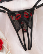 Sexy Lace Red Lip Print Cut-out Bra and Open-crotch Thong Lingerie Set