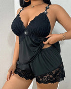 Plus Size Lace Satin V-Neck Camisole and Shorts Pajama Set