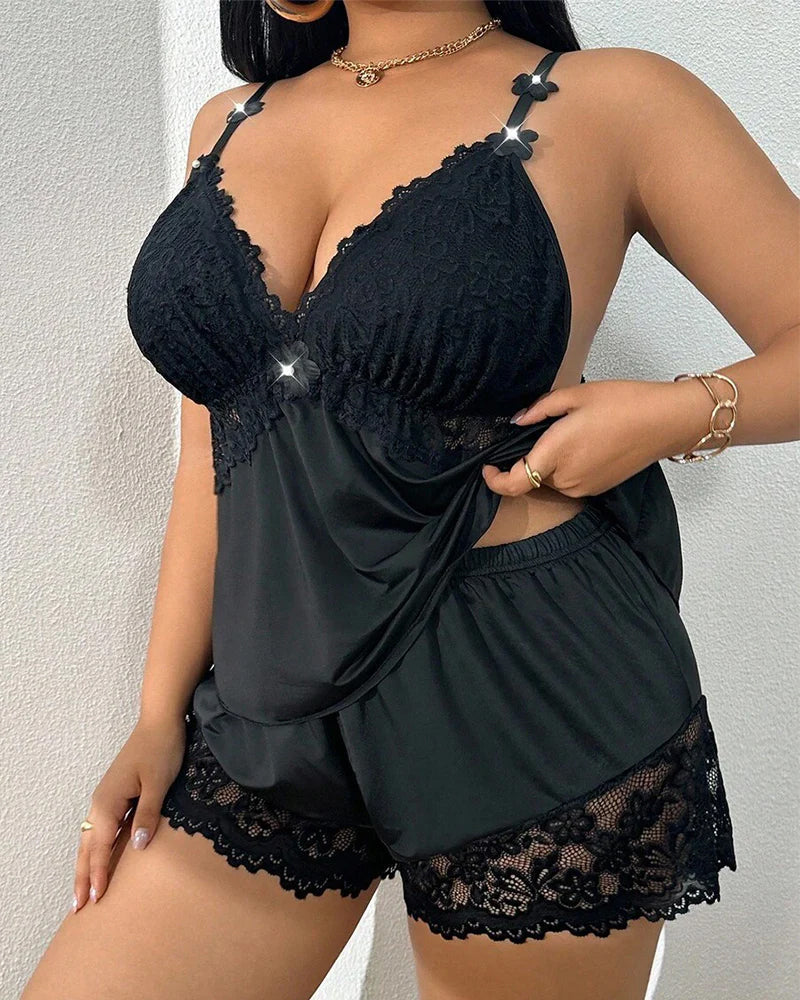 Plus Size Lace Satin V-Neck Camisole and Shorts Pajama Set