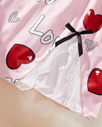 Valentine's Day Heart-themed Letter Print Lace-Trimmed Slit Short Nightgown
