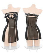 Off-the-shoulder Bow-detailed Open-front High Slit Nightgown with Thong Set