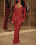 Sexy Floral Lace Strapless Bodycon Slit Long Dress and Long-sleeved Cover-up Set