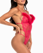 V-neck Plush Lace See-through Open-crotch Sexy Bodysuit