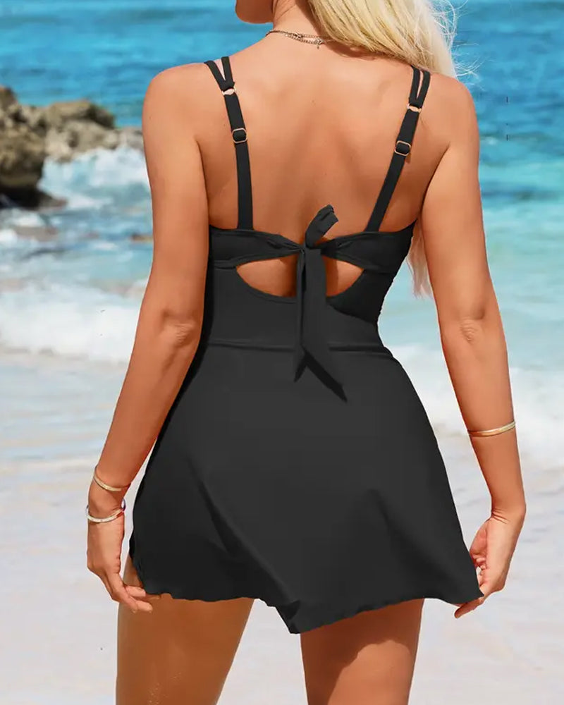 Women's Deep V-neck Tummy-control Tie-up Skirt Beach Vacation One-piece Swimsuit