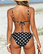 Women's Deep V Halter Neck Polka Dot Print Drawstring One-Piece Swimsuit