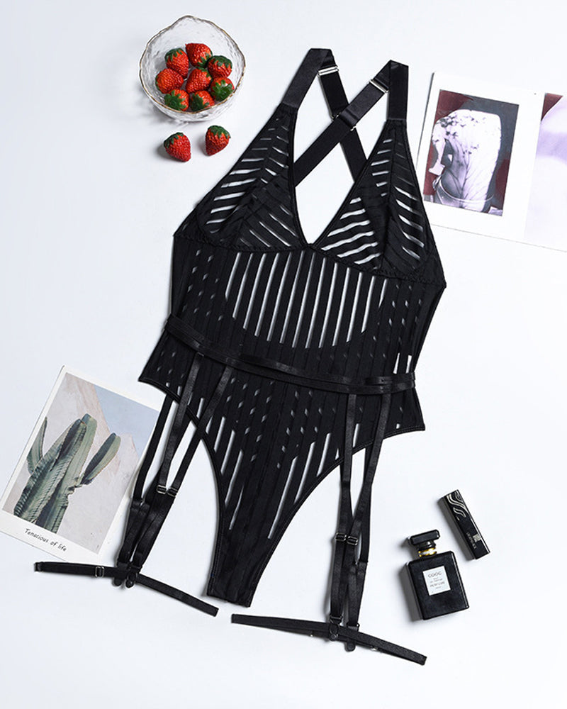 Deep V-neck See-through Mesh Colorblock Striped Bodysuit Lingerie