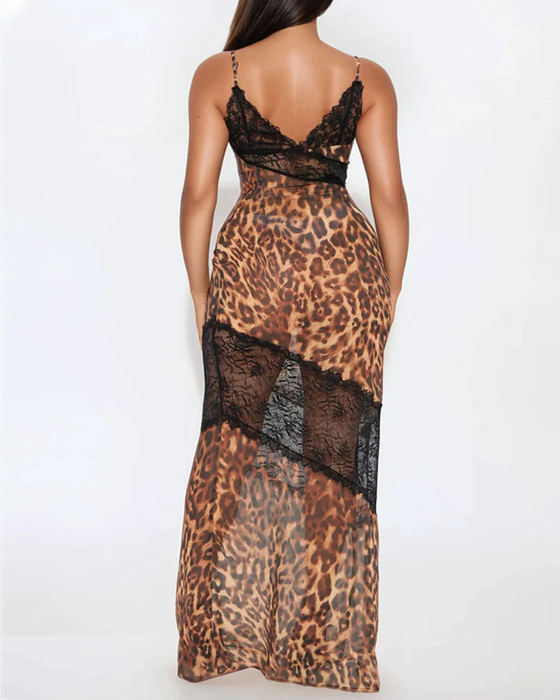Sexy Leopard See-through Lace Patchwork Bodycon Long Slip Dress