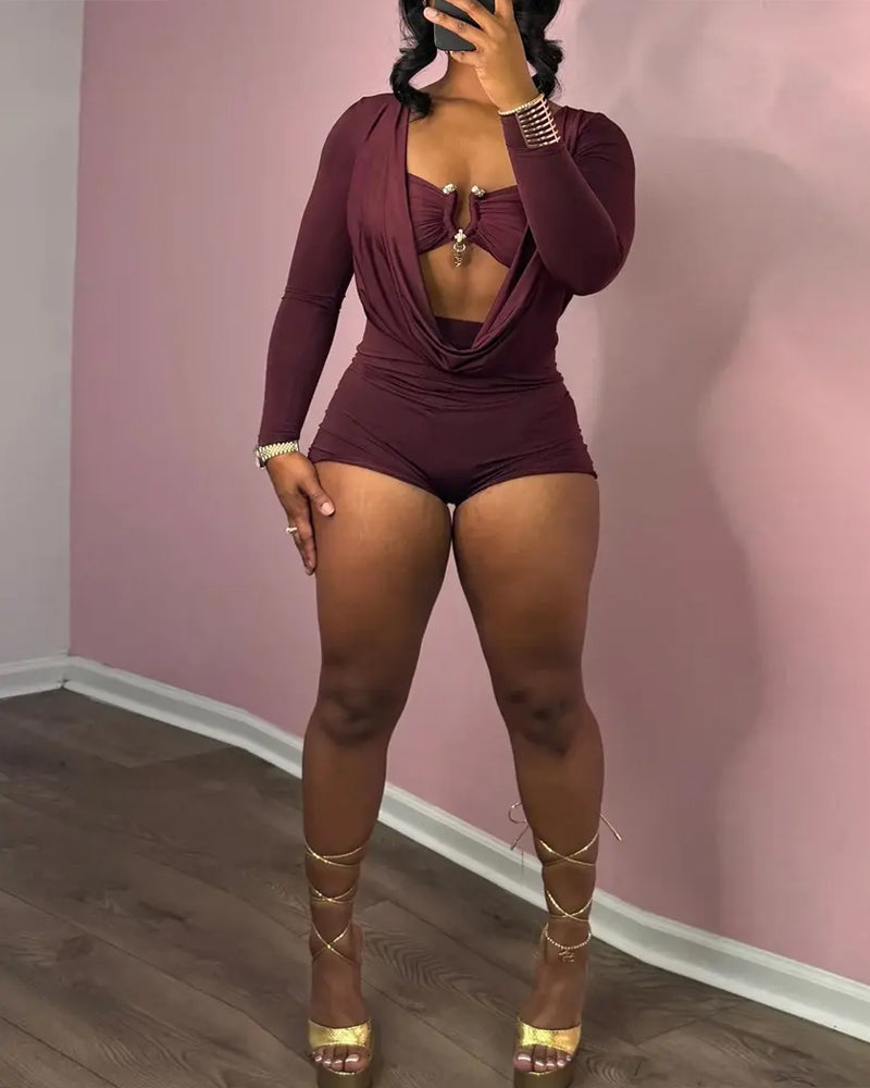 Women's Casual Two-in-one Draped Design Slim-fit Long-sleeved Jumpsuit